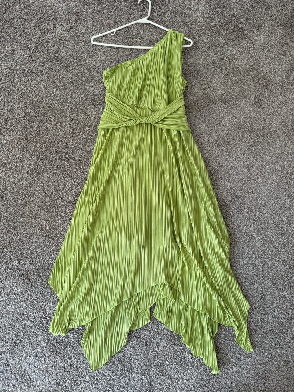 SHEIN One-Shoulder Lime Green Pleated Handkerchief Hem Dress